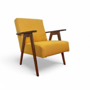 Retro fotelja Retriko sa klasičnim Wilson 04 žutim štofom i tamno braon bojom drveta
