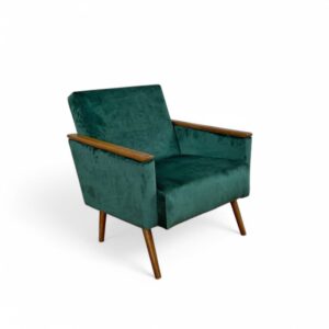 Retro fotelja Vintago sa plišanim smaragdno zelenim štofom Amsterdam 13, i drvetom u svetlo braon boji