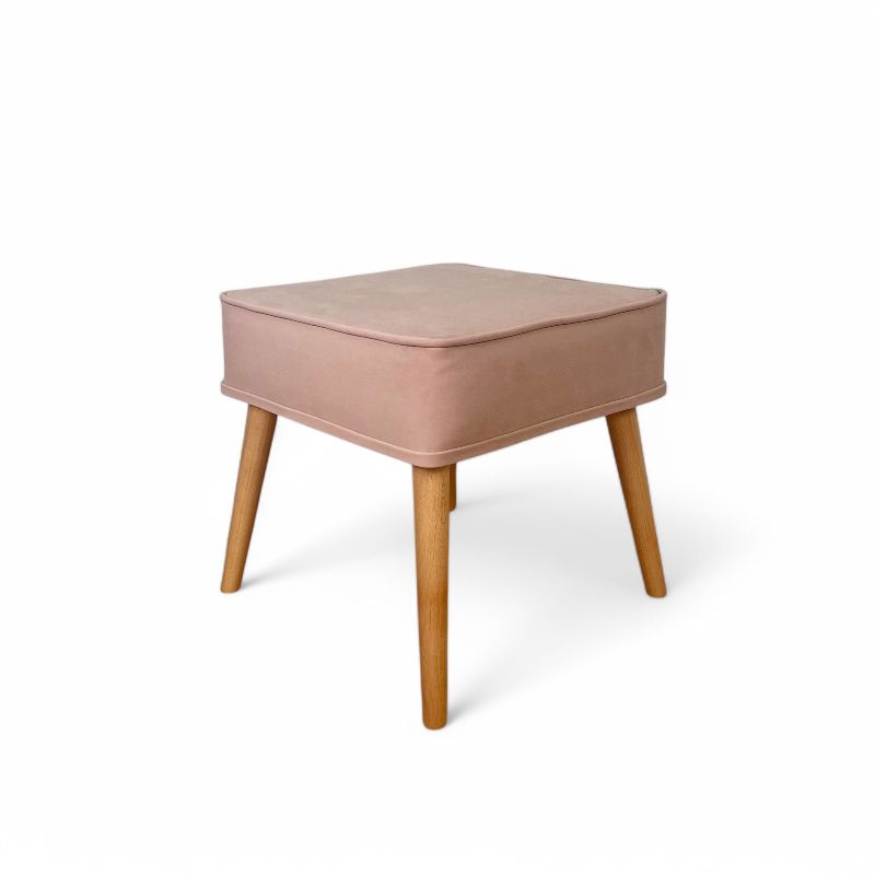 Retro tabure kocka sa plišanim bež natur štofom i svetlo braon bojom drveta